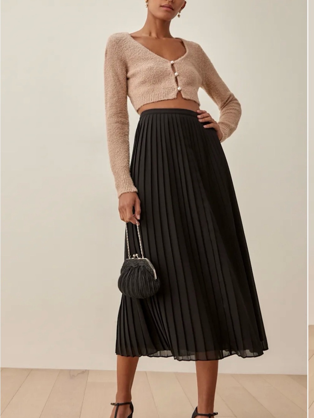 Reformation Calgary Skirt Black Pleated Midi A-Line Holiday Size M